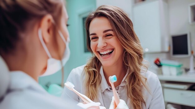Photo cheerful dentist showing a toothy smile while holding a toothbrush