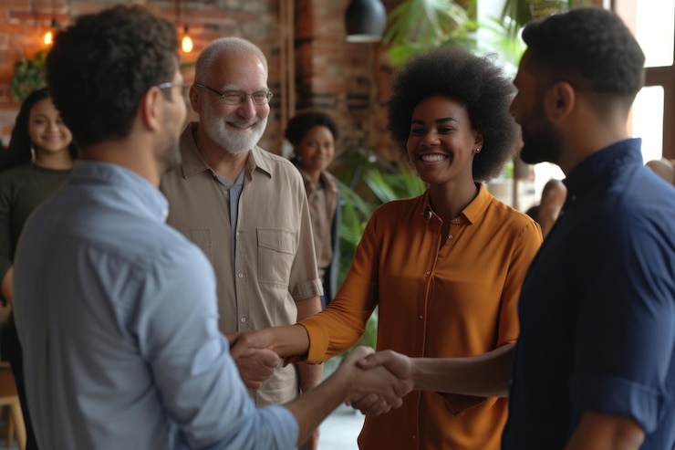 Photo cheerful diverse group meets at casual business event