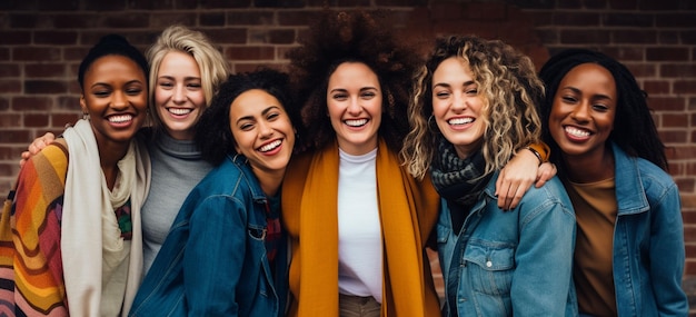 cheerful diverse women standing in front of a red brick wall