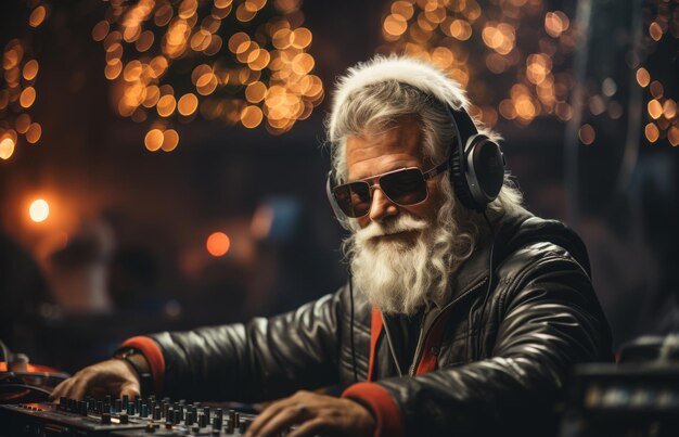 Cheerful DJ Santa Claus in a stylish Christmas outfit