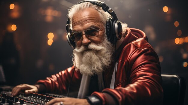 Cheerful DJ Santa Claus in a stylish Christmas outfit