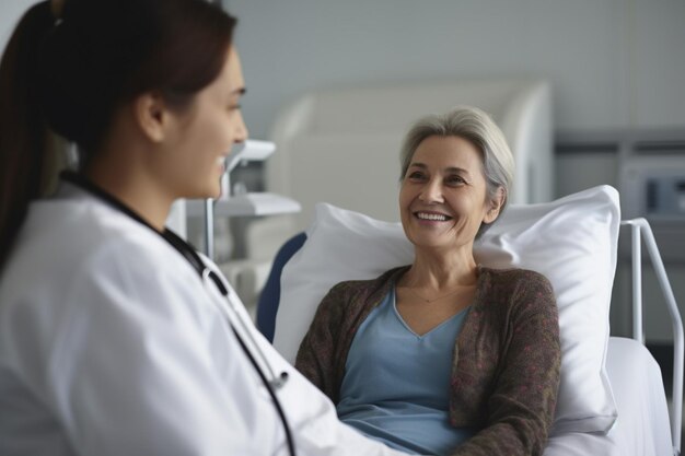 Photo cheerful doctor and patient talking while sitting on bed at hospital