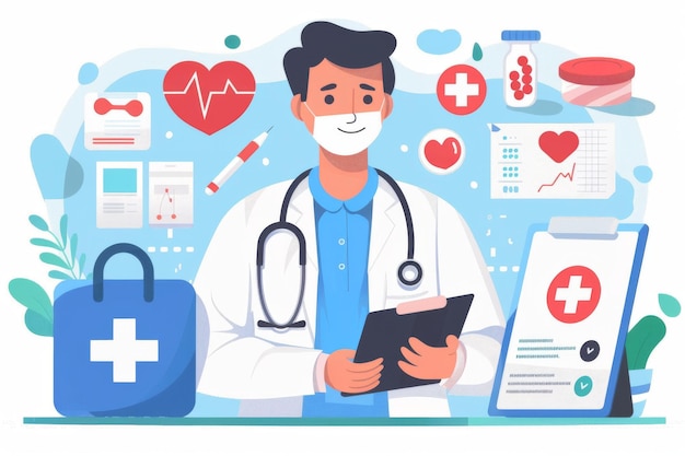 Photo cheerful doctor with medical symbols and healthy food promoting a balanced lifestyle and healthcare