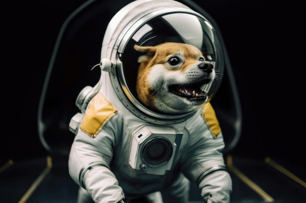 写真 口を開けて喜びの表情を持つ、宇宙服を着た陽気な犬の宇宙飛行士