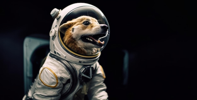 Cheerful dog astronaut in a space suit with an open mouth and a joyful expression