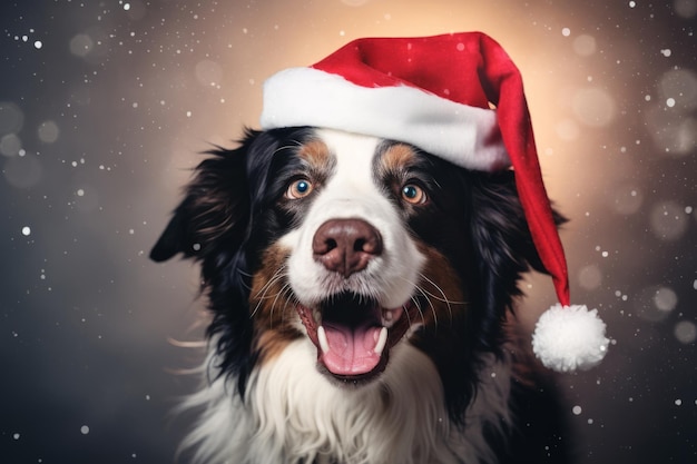 Cheerful dog is sitting in Santa Claus hat Generative AI illustration