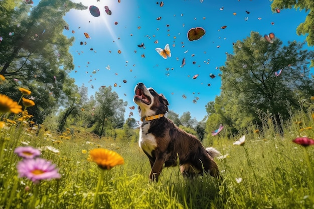 쾌활한 개는 다채로운 나비에 둘러싸인 공으로 놀고 있습니다.