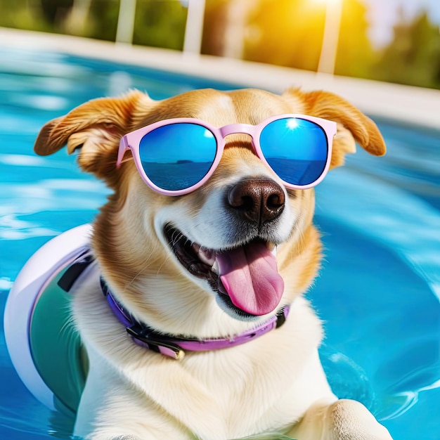 Веселая собака с солнцезащитными очками наслаждается расслабляющим плаванием в бассейне