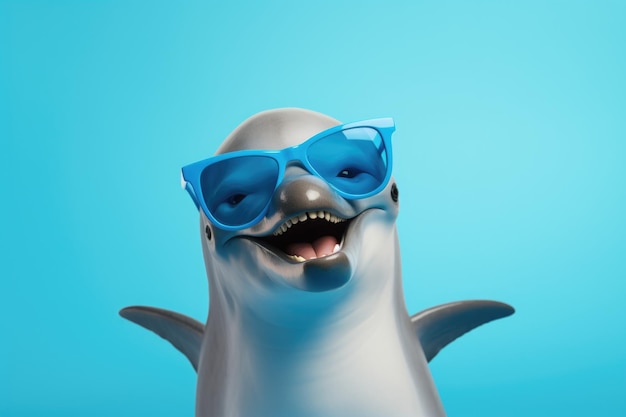 Photo cheerful dolphin wears trendy sunglasses against a serene blue background