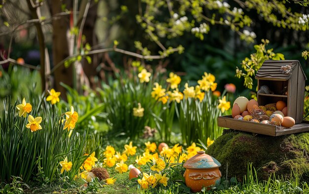 Photo a cheerful easter setup with eggs hunt with hidden treasures against blooming daffodils