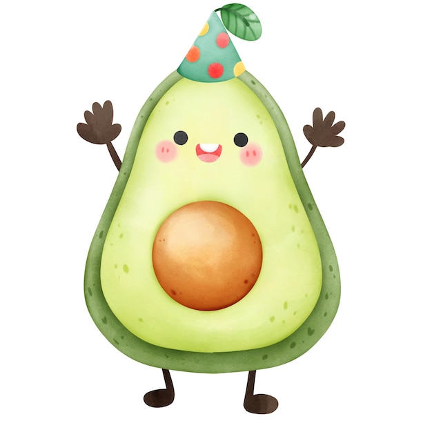 Cheerful Easterthemed image featuring a funny avocado character wearing birthday party hat watercol