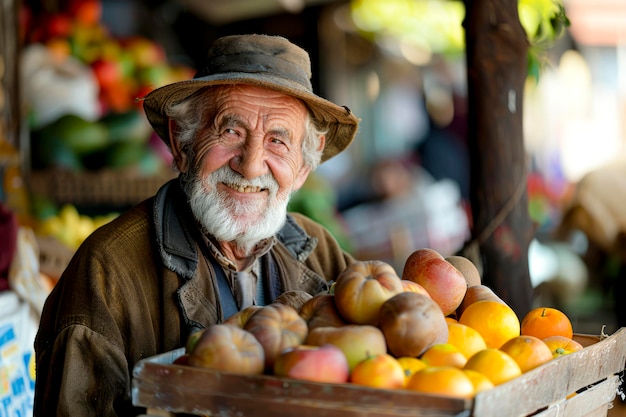 Cheerful Elderly Farmer Showcasing Fresh Produce at Market