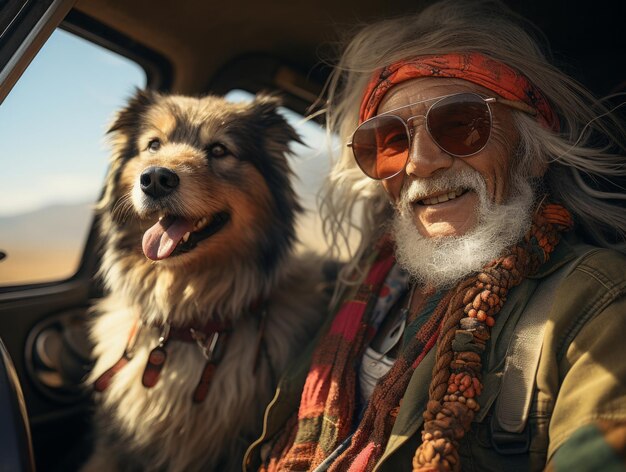 A cheerful elderly man with a dog traveling by car around the world AI generated