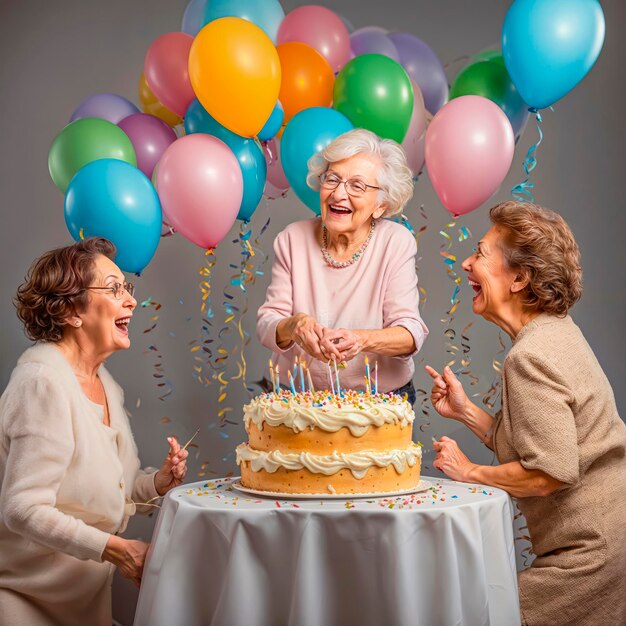 Foto vecchia donna allegra a un tavolo festivo con gli amici di compleanno della nonna