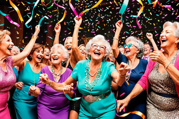 Cheerful elderly woman having fun to music with friends grandmas birthday