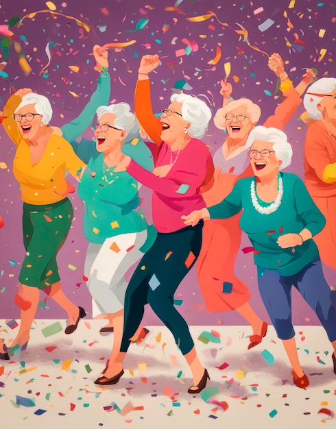 Foto vecchia donna allegra che si diverte con la musica con gli amici di compleanno della nonna