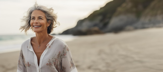 cheerful elderly woman walking on the beach Generative AI