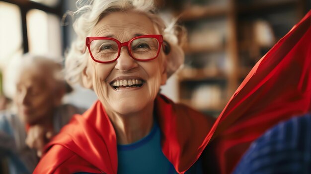 Photo cheerful elderly woman with red glasses and a red cape smiling