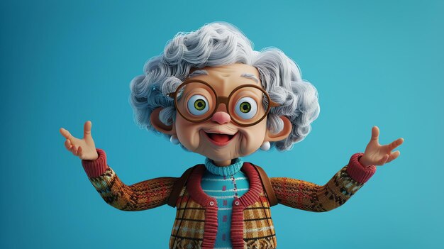 Cheerful elderly woman with white curly hair and glasses wearing a colorful sweater vest