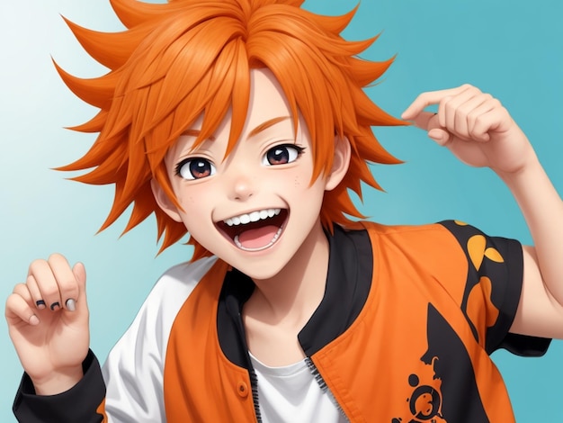 A cheerful and energetic anime boy with messy orange hair