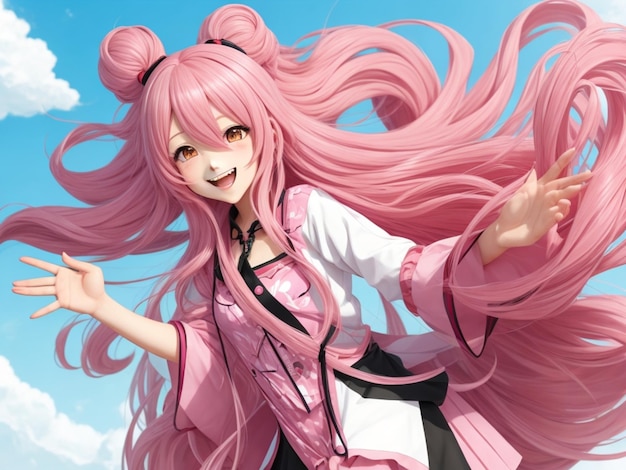 A cheerful and energetic anime girl with long flowing pink hair