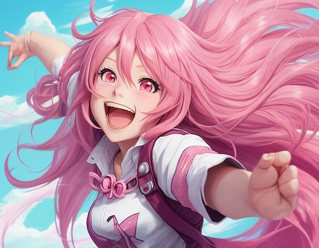 Photo a cheerful and energetic anime girl with long flowing pink hair