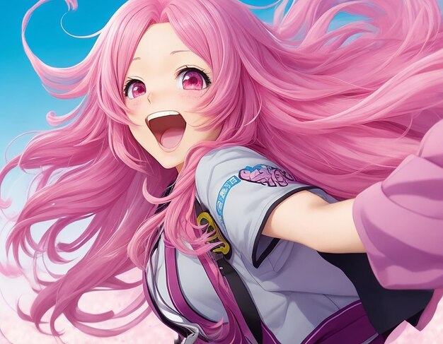 A cheerful and energetic anime girl with long flowing pink hair