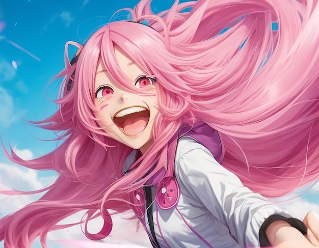 A cheerful and energetic anime girl with long flowing pink hair