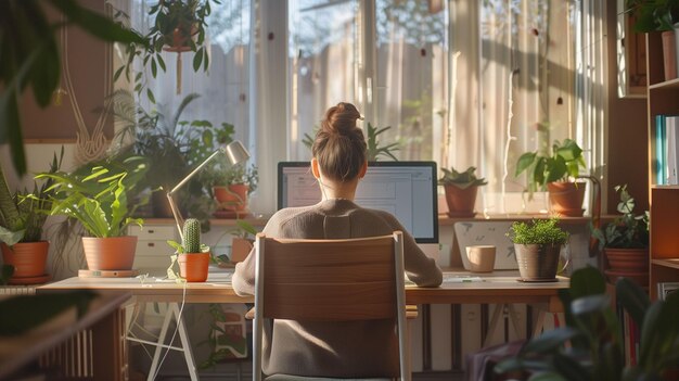 Photo cheerful entrepreneur managing remote tasks in a cozy home office with greenery