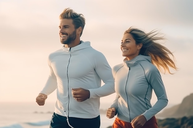 Cheerful European lady and man enjoying active lifestyle and training on ocean beach having break and posing Generative AI