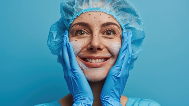 Cheerful excited middle aged woman in medical hat with pre surgery marks on her face looking at copy space for ad and smiling surgeon hands in blue gloves touching female skin