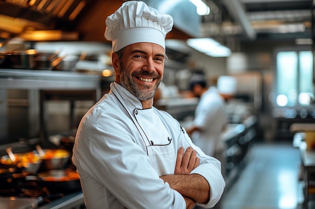 Foto un allegro chef esperto con un cappello bianco e un grembiule in piedi con orgoglio