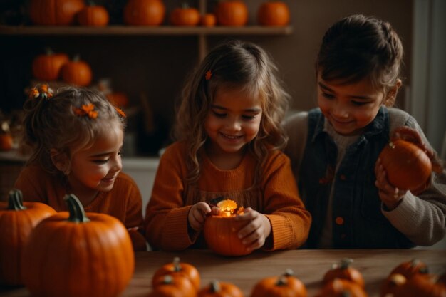 陽気な家族が家庭のキッチンで彫刻されたカボチャでハロウィーンを祝います