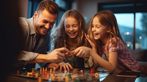 Фото Веселая семья играет в настольные игры дома. найдите счастье и гармонию в свободное время в гостиной. генеративный ии.