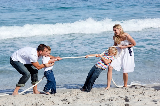 Cheerful family playing tug of war