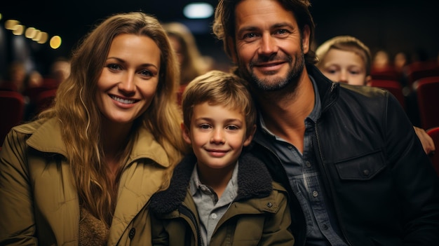 写真 映画館で映画を見る準備をしている陽気な家族 父母と息子が週末を一緒に過ごす 幸せな両親と子供がコミュニケーションを楽しみ 暇な時間を共有する
