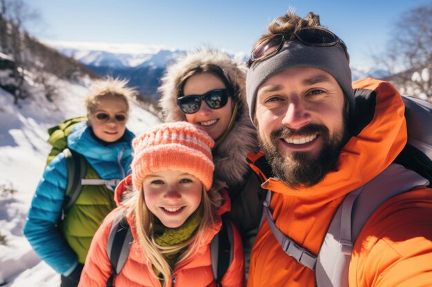 Photo cheerful family in sunny snowy mountains actively hiking as active healthy lifestyle in the open air