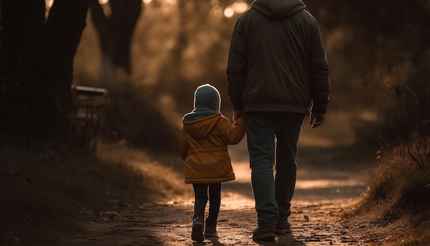 A cheerful family of three enjoys a sunset walk outdoors generated by AI