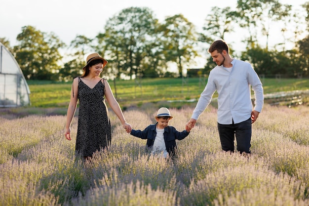 Cheerful family walking through the lavender field holding their son's hands