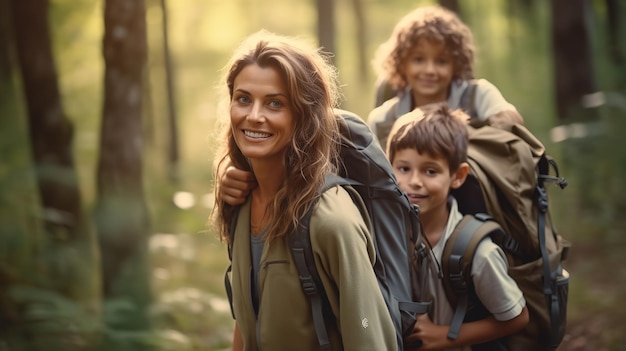 A cheerful family went trekking in the wilderness with backpacks Generative Ai