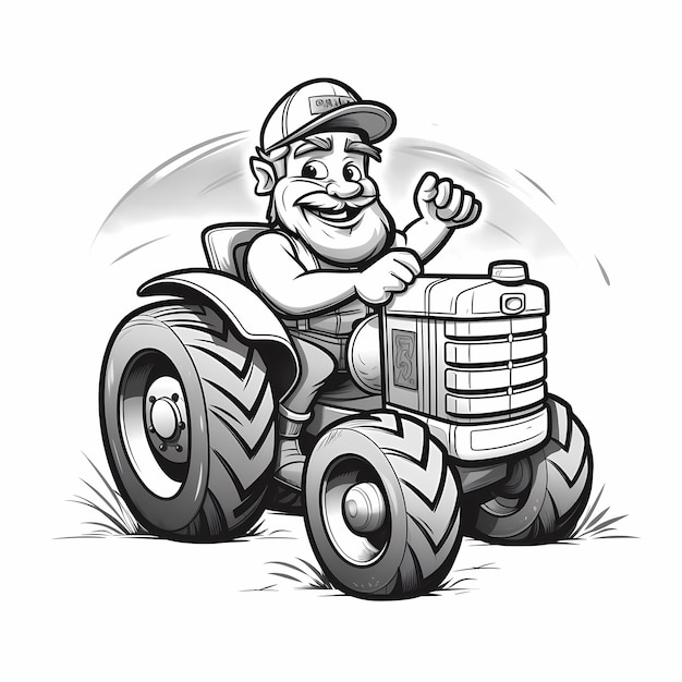 Cheerful Farmer and Tractor Black and White Cartoon Coloring Page