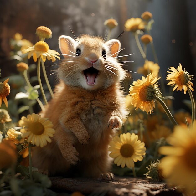 花と遊ぶ陽気な太ったウサギ