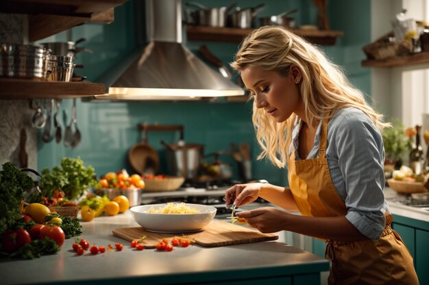 Foto allegro chef femminile in una cucina moderna che cattura la gioia di cucinare