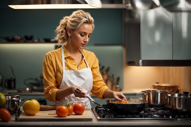 Cheerful female chef in modern kitchen capturing cooking joy