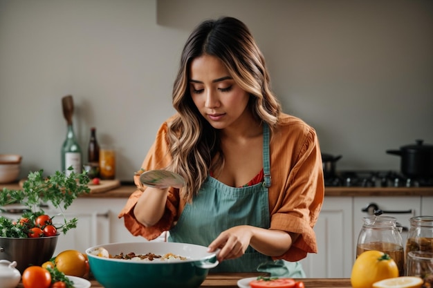 Cheerful female chef in modern kitchen capturing cooking joy