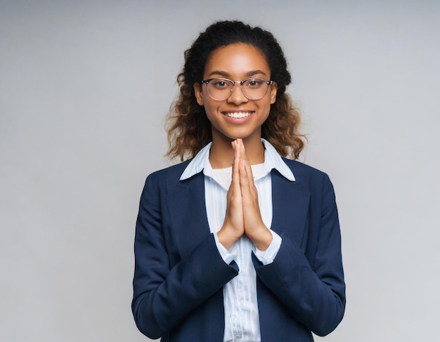 cheerful female consultant looking at camera Young African American business woman hands clasped