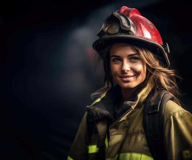 Cheerful Female Firefighter With Copy Space Generative AI