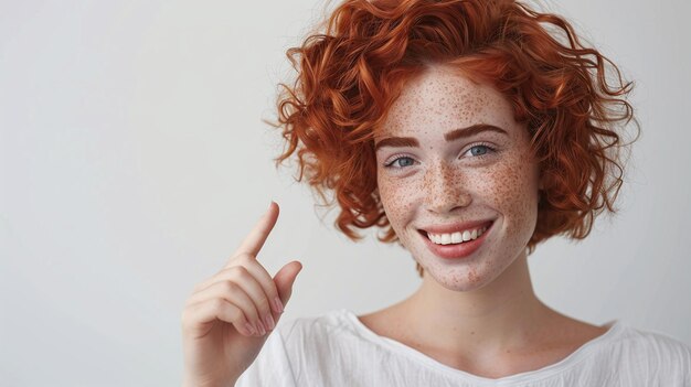 Photo cheerful female model with short curly red hair and cute freckles pointing finger