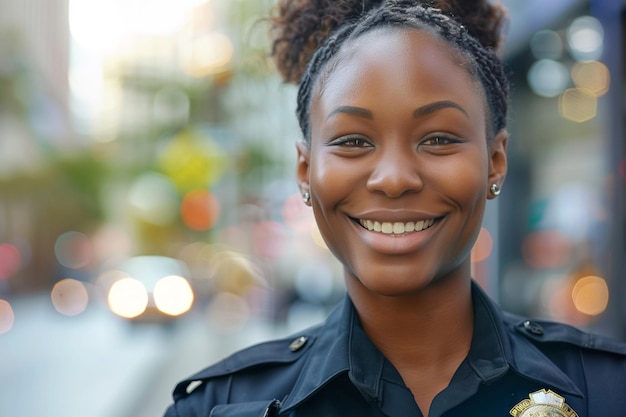 Foto una poliziotta allegra con un sorriso accogliente in città.