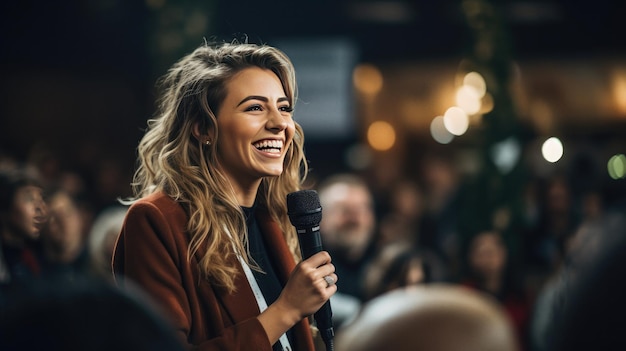 Cheerful female presenter interacting with the audience